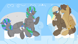 Size: 2017x1136 | Tagged: safe, artist:kindheart525, artist:lazyy-llama, dumbbell, hoops, oc, oc:feather fieldgoal, oc:storm strike, kindverse, g4, dumbhoops, gay, male, parent:blossomforth, parent:thunderlane, parents:blossomlane, pregnant, shipping, story included