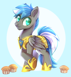 Size: 800x862 | Tagged: safe, artist:cabbage-arts, oc, oc only, oc:cloud zapper, pegasus, pony, armor, commission, commissioner:cloudzapper8, digital art, food, looking at you, male, muffin, pegasus oc, simple background, smiling, solo, stallion, watermark