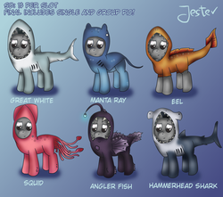 Size: 1700x1500 | Tagged: safe, artist:jesterpi, oc, angler fish, eel, great white shark, hammerhead shark, manta ray, pony, shark, squid, animal costume, clothes, commission, costume, cute, kigurumi, outfit, outfits, sheet, standing, water, your character here