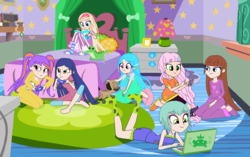 Size: 997x627 | Tagged: safe, artist:rosesweety, equestria girls, g4, alternate universe, astoria rapunzel, bed, bedroom, computer, equestria girls-ified, human coloration, joy lefrog, laptop computer, lingling ironfan, regal academy, rose cinderella, slumber party