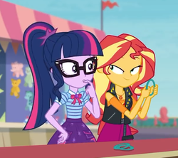 Size: 607x540 | Tagged: safe, screencap, sci-twi, sunset shimmer, twilight sparkle, equestria girls, equestria girls specials, g4, my little pony equestria girls: better together, my little pony equestria girls: rollercoaster of friendship, clothes, female, geode of empathy, geode of telekinesis, glasses, jacket, ponytail, skirt