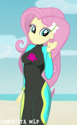 Size: 1024x1666 | Tagged: safe, artist:danielitamlp, fluttershy, equestria girls, equestria girls series, g4, beach, clothes, female, fluttershy's wetsuit, ocean, sand, show accurate, smiling, smirk, solo, swimsuit, wetsuit