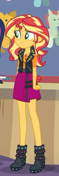 Size: 212x630 | Tagged: safe, screencap, sunset shimmer, equestria girls, equestria girls series, g4, rollercoaster of friendship, boots, clothes, cropped, female, geode of empathy, high heel boots, jacket, leather jacket, shoes, skirt