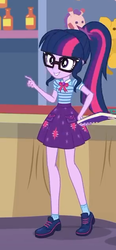 Size: 293x630 | Tagged: safe, screencap, sci-twi, twilight sparkle, equestria girls, equestria girls series, g4, rollercoaster of friendship, book, clothes, geode of telekinesis, glasses, ponytail, shoes, skirt, smiling, socks