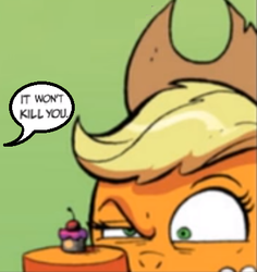 Size: 402x425 | Tagged: safe, artist:andypriceart, edit, editor:symphonic sync, applejack, idw, neigh anything, spoiler:comic11, comic, food, raised eyebrow