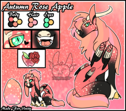 Size: 2880x2520 | Tagged: safe, artist:thebigearredbat, oc, oc only, oc:autumn rose apple, draconequus, abstract background, draconequus oc, freckles, high res, interspecies offspring, magical threesome spawn, male, multiple parents, multiple wings, offspring, parent:big macintosh, parent:discord, parent:fluttershy, parents:discomacshy, reference sheet, solo, watermark
