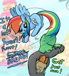 Size: 1920x2100 | Tagged: safe, artist:undisputed, rainbow dash, oc, oc:anon, human, pegasus, pony, g4, 4chan, annoyed, behaving like a bird, birb, bread, butt, colored, cute, dashabetes, drawthread, duo, food, funny, plot, ponyville, silly, smiling, tail slap, tail whip