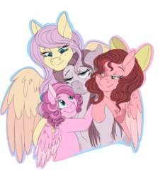 Size: 1506x1619 | Tagged: safe, artist:absolutecactus, fluttershy, pinkie pie, oc, oc:hush puppy, oc:sugar puff, g4, alternate design, alternate universe, entroverse, family photo, female, lesbian, magical lesbian spawn, next generation, nextgen:entroverse, offspring, parent:fluttershy, parent:pinkie pie, parents:flutterpie, pinkamena diane pie, simple background, transparent background