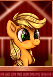 Size: 4500x6500 | Tagged: safe, artist:darksly, applejack, earth pony, pony, g4, absurd resolution, barn, cute, female, filly, filly applejack, freckles, jackabetes, solo, younger