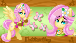 Size: 3840x2160 | Tagged: safe, artist:ciderpunk, fluttershy, g4, clothes, flower, flower in hair, high res, hippie, looking at you, wallpaper