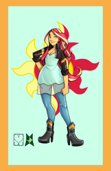 Size: 828x1280 | Tagged: safe, alternate version, artist:srasomeone, sunset shimmer, human, equestria girls, g4, blue background, boots, breasts, cleavage, clothes, cutie mark background, dress, female, hand on hip, high heel boots, jacket, leather jacket, leggings, looking at you, shoes, simple background, smiling, solo