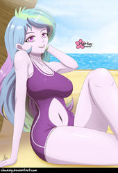 Size: 678x1000 | Tagged: safe, artist:clouddg, princess celestia, principal celestia, equestria girls, g4, armpits, beach, belly button, big breasts, breasts, busty princess celestia, clothes, female, multiple variants, navel cutout, ocean, one-piece swimsuit, praise the sun, sand, sexy, signature, solo, swimsuit, thighs
