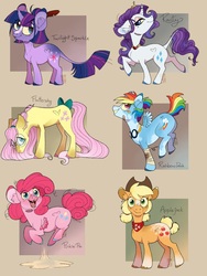 Size: 1536x2048 | Tagged: safe, artist:catlovergirl, artist:rubenite, applejack, fluttershy, pinkie pie, rainbow dash, rarity, twilight sparkle, classical unicorn, pegasus, pony, unicorn, g4, bandage, bandana, bow, cloven hooves, colored hooves, cowboy hat, ear fluff, earth pony fluttershy, glasses, goggles, hat, horn, leonine tail, looking at you, mane six, pegasus pinkie pie, race swap, redesign, tail bow, tooth gap, unshorn fetlocks