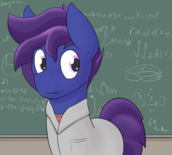 Size: 2944x2648 | Tagged: safe, artist:triplesevens, oc, oc only, oc:lucid dream, earth pony, pony, chalkboard, clothes, high res, lab coat, math, solo