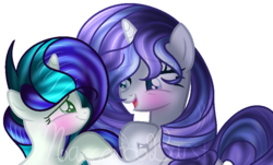 Size: 922x556 | Tagged: safe, artist:macaroonburst, oc, oc only, oc:cloven pearl, oc:serpentine, pony, unicorn, female, filly, mare, obtrusive watermark, simple background, transparent background, watermark