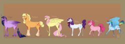 Size: 3000x1050 | Tagged: safe, artist:catlovergirl, artist:rubenite, applejack, fluttershy, pinkie pie, rainbow dash, rarity, twilight sparkle, alicorn, classical unicorn, earth pony, pegasus, pony, unicorn, abstract background, cloven hooves, coat markings, curved horn, cutie mark, female, horn, leonine tail, line-up, looking at you, mane six, mare, missing accessory, profile, smiling, socks (coat markings), twilight sparkle (alicorn), unshorn fetlocks