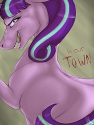 Size: 768x1024 | Tagged: safe, artist:catlovergirl, artist:rubenite, starlight glimmer, pony, g4, abstract background, evil smile, female, grin, hoers, horse teeth, looking at you, mare, narrowed eyes, smiling, solo, text