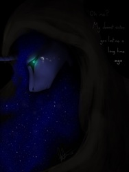 Size: 768x1024 | Tagged: safe, artist:catlovergirl, artist:rubenite, princess luna, pony, g4, beauty mark, black background, black sclera, dark, dialogue, ethereal mane, female, glowing eyes, hooded cape, looking at you, mare, sad, simple background, solo, starry mane