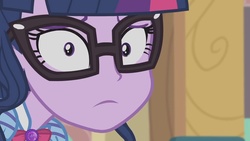 Size: 1280x720 | Tagged: safe, screencap, sci-twi, twilight sparkle, equestria girls, equestria girls series, g4, the last day of school, :c, canterlot high, close-up, female, frown, geode, geode of telekinesis, glasses, looking at you, sad