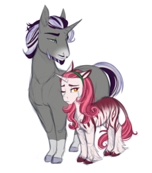 Size: 2376x2714 | Tagged: safe, artist:askbubblelee, oc, oc only, oc:canterbury bells, oc:impala lily, hybrid, pony, unicorn, zony, father and daughter, female, high res, male