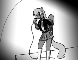 Size: 1280x989 | Tagged: safe, artist:warskunk, oc, oc only, oc:wind shear, pegasus, anthro, clothes, female, folded wings, gradient background, mare, microphone, monochrome, punk, raffle prize, singing, solo, stage, wings