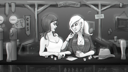 Size: 2560x1440 | Tagged: safe, artist:mozgan, applejack, rarity, human, g4, alcohol, bar, breasts, cleavage, female, glass, humanized, lesbian, looking at each other, monochrome, ship:rarijack, shipping, shot glass