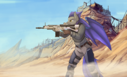 Size: 4432x2686 | Tagged: safe, artist:rublegun, oc, oc only, oc:helios aster, bat pony, anthro, bat pony oc, borderlands, commission, crossover, gun, high res, solo, video game, weapon, ych result