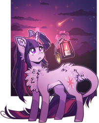 Size: 1450x1797 | Tagged: safe, artist:tay-niko-yanuciq, twilight sparkle, pony, unicorn, g4, butt fluff, candle, cheek fluff, chest fluff, cloud, ear fluff, female, fluffy, glowing horn, horn, lantern, leonine tail, magic, mare, mountain, shooting star, silhouette, simple background, solo, standing, stars, telekinesis, transparent background