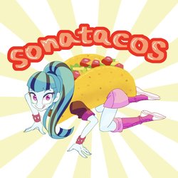 Size: 1500x1500 | Tagged: safe, artist:bbtasu, sonata dusk, human, equestria girls, g4, my little pony equestria girls: rainbow rocks, all fours, clothes, costume, crawling, female, food, fusion, literal sonataco, looking at you, solo, sonataco, sunburst background, taco, that girl sure loves tacos, that siren sure does love tacos, wat, we have become one