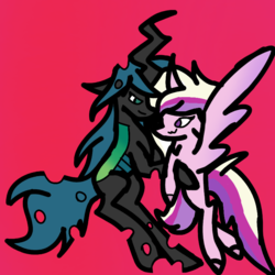 Size: 768x768 | Tagged: safe, artist:ashleybearteamisbest, princess cadance, queen chrysalis, alicorn, changeling, changeling queen, pony, g4, female, hug, infidelity, lesbian, mare, pink background, ship:cadalis, shipping, simple background