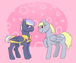 Size: 1200x1000 | Tagged: safe, artist:shortcake1284, derpy hooves, oc, pegasus, pony, g4, female, mare, mother and daughter, offspring, parent:derpy hooves, royal guard armor