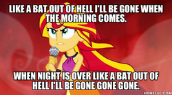 Size: 600x334 | Tagged: safe, edit, edited screencap, screencap, sunset shimmer, equestria girls, rainbow rocks, bat out of hell, image macro, meat loaf, meme, memeful.com, rock (music), song reference, welcome to the show