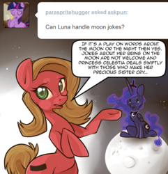 Size: 731x759 | Tagged: safe, artist:fluffpudge, princess luna, oc, oc:pun, alicorn, earth pony, pony, ask pun, g4, ask, female, looking at you, mare, moon, pointing, tangible heavenly object