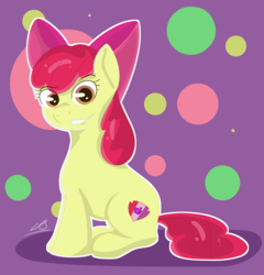 Size: 5000x5200 | Tagged: safe, artist:legiot18, apple bloom, earth pony, pony, g4, abstract background, absurd resolution, bow, cutie mark, female, filly, looking at you, sidemouth, sitting, smiling, solo, the cmc's cutie marks