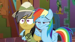 Size: 853x480 | Tagged: safe, edit, edited screencap, screencap, daring do, rainbow dash, pegasus, pony, g4, stranger than fan fiction, crossing the memes, dashface, faic, hug, i mean i see, meme, rainbow dash is best facemaker, smug, smugdash, winghug