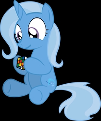 Size: 1212x1440 | Tagged: safe, artist:miketheuser, edit, trixie, pony, unicorn, g4, black background, cute, cutie mark, diatrixes, female, filly, filly trixie, hoof hold, horn, rubik's cube, simple background, sitting, smiling, toy, underhoof, younger