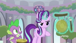 Size: 1920x1080 | Tagged: safe, screencap, spike, starlight glimmer, dragon, pony, unicorn, a matter of principals, g4, bucket, glowing horn, gong, horn, magic, raised hoof, telekinesis, winged spike, wings