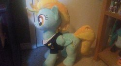 Size: 960x529 | Tagged: safe, artist:codyandgwen, artist:panzerdamen, lightning dust, pegasus, pony, g4, clothes, doll, female, folded wings, irl, mare, photo, plushie, solo, toy, wings
