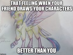 Size: 640x480 | Tagged: safe, artist:shitstorm maker, oc, oc only, oc:viridi lux, alicorn, changedling, changeling, changepony, pony, cloven hooves, hybrid wings, image macro, imgflip, meme, original source in description, parent:thorax, parent:twilight sparkle, parents:twirax, scar, text, that feel