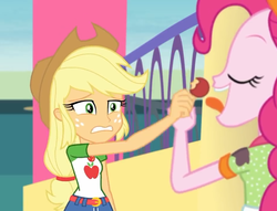 Size: 943x720 | Tagged: safe, screencap, applejack, pinkie pie, equestria girls, equestria girls specials, g4, my little pony equestria girls: better together, my little pony equestria girls: rollercoaster of friendship, belt, clothes, cowboy hat, cropped, denim skirt, disgusted, female, freckles, fun inspector, fun inspector pinkie, geode of super strength, hat, skirt, stetson