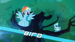Size: 1280x720 | Tagged: safe, opalescence, rainbow dash, cat, scootertrix the abridged, g4, cute, dashabetes, pet, sitting, smiling, spread wings, the bird (character), tree, wings