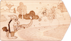 Size: 2848x1644 | Tagged: safe, artist:malte279, derpy hooves, discord, g4, bubble, craft, cute, derpabetes, discute, food, muffin, pyrography, traditional art