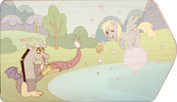 Size: 2847x1638 | Tagged: safe, artist:malte279, derpy hooves, discord, g4, bubble, craft, cute, derpabetes, digitally colored, discute, food, muffin, pyrography, traditional art