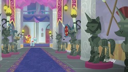 Size: 1920x1080 | Tagged: safe, screencap, ocellus, smolder, a matter of principals, g4, armor, discovery family logo