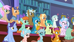 Size: 1920x1080 | Tagged: safe, screencap, amber grain, clever musings, cozy glow, fine catch, gallus, november rain, ocellus, peppermint goldylinks, sandbar, silverstream, smolder, snowy quartz, strawberry scoop, yona, classical hippogriff, dragon, earth pony, griffon, hippogriff, pegasus, pony, unicorn, yak, a rockhoof and a hard place, g4, discovery family logo, dragoness, female, filly, friendship student, kunzite (sailor moon), lecture hall, male, mare, school of friendship, sitting, stallion, student six
