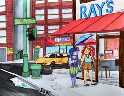 Size: 1024x794 | Tagged: safe, artist:missmayaleanne, sci-twi, sunset shimmer, twilight sparkle, equestria girls, g4, alternate clothes, car, cute, eyes closed, female, holding hands, lesbian, looking at each other, new york city, sandals, ship:sci-twishimmer, ship:sunsetsparkle, shipping, smiling, taxi, traditional art, twiabetes, umbrella
