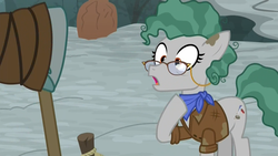 Size: 1920x1080 | Tagged: safe, screencap, professor fossil, rockhoof, earth pony, pony, a rockhoof and a hard place, g4, clothes, female, gasp, glasses, hoof on chest, jacket, male, mare, mud, muddy, neckerchief, open mouth, rockhoof's shovel, shocked, stallion, surprised