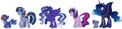 Size: 2297x555 | Tagged: safe, artist:gallantserver, artist:selenaede, princess luna, twilight sparkle, oc, oc:artemis (gallantserver), oc:jupiter the phoenix, oc:moonstone star sparkle, oc:notus, oc:prince artemis argenti sparkle, oc:princess harmonious selena sparkle, alicorn, bear, phoenix, pony, unicorn, ursa, ursa minor, g4, alicorn oc, alternate eye color, baby, base used, beanbrows, blue eyes, body markings, claws, colored sclera, colored wings, colored wingtips, concave belly, crown, ethereal hair, ethereal mane, ethereal tail, eyebrows, facial markings, family, female, folded wings, freckles, gradient hair, gradient mane, gradient tail, hair bun, horn, jewelry, lesbian, lidded eyes, magical lesbian spawn, male, mare, missing accessory, mother and child, mother and daughter, mother and son, next generation, offspring, parent:princess luna, parent:twilight sparkle, parents:twiluna, paws, peytral, red eyes, regalia, ship:twiluna, shipping, simple background, spread wings, stallion, standing, starry hair, starry mane, starry tail, tail, tail bun, tiara, transparent background, twilight sparkle (alicorn), unicorn oc, wings