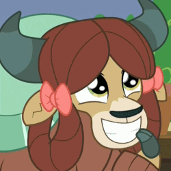 Size: 672x672 | Tagged: safe, screencap, yona, yak, a rockhoof and a hard place, g4, animated, cloven hooves, cropped, cute, eye shimmer, female, gif, happy, hoof over mouth, smiling, yonadorable