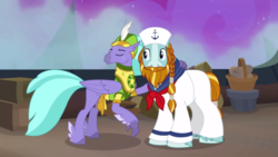 Size: 1920x1080 | Tagged: safe, screencap, rockhoof, seaspray, classical hippogriff, earth pony, hippogriff, pony, a rockhoof and a hard place, g4, beard, braid, clothes, duo, facial hair, hippogriff navy, male, moustache, sailor hat, sailor uniform, stallion, uniform
